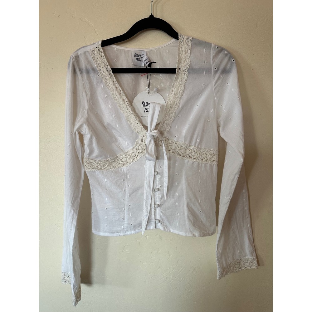 Princess Polly Dominico Shirt Ivory Eyelet Lace Tie Front Long Sleeve Top US 4